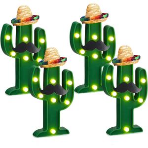 12 Pcs Fiesta Mexican Party Decoration LED Cactus Light with Mini Sombrero Straw Hats and Fake Beard Cinco De Mayo Table Decor Mexican Party Supplies for Fiesta Table Room Bedroom Decoration