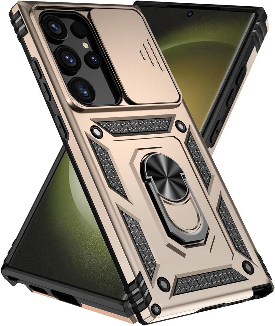 SunStory Phone Case for Samsung Galaxy S24 Ultra Case with Kickstand and Slide Camera Cover [ Military-Grade ] Full Body Drop Tested Protective Cover (Gold, Galaxy S24 Ultra 6.8)