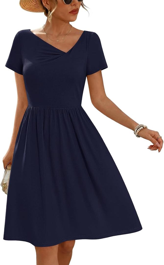 MEROKEETY Women's Summer Asymmetrical V Neck Sundress 2026 Short Sleeve Casual Ruched A Line Beach Vacation Mini Dresses (L)