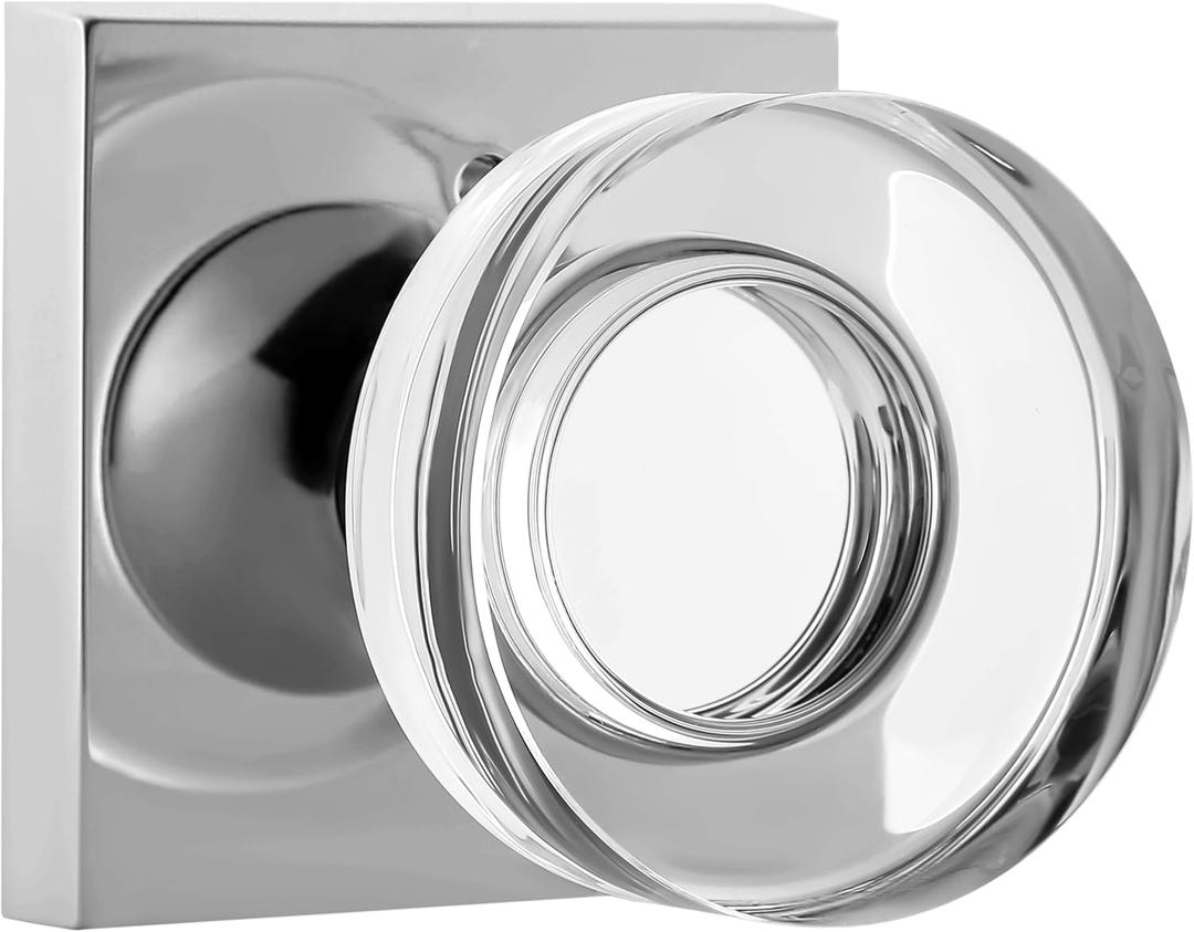 Coolnews Crystal Glass Door Knobs Interior with Lock, Modern Round Privacy Door Knob for Bathroom Bedroom, Polished Chrome