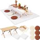 Geetery 10 Pcs Picnic Set, 59" x 20" Folding Low Picnic Table with 91'' x 71'' Large Outdoor Boho Picnics Blanket, Tablecover Runner and 6 Pillows Cushions for Camping Wedding Beach (Round,Brown)