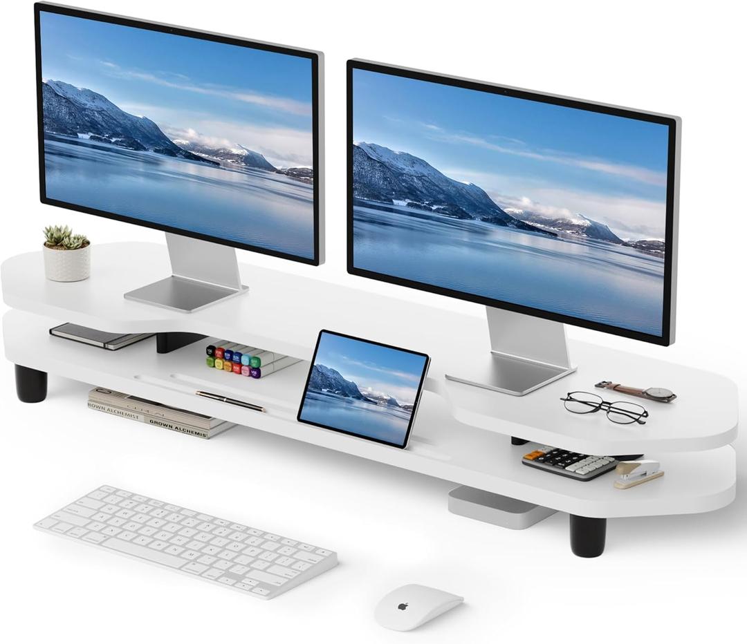 AFOOYO 2 Tier Dual Monitor Stand Riser, Wider Board Computer Monitor Stand for 2 Monitors, Slot For Phone/ Tablet Office Desktop Organizer for Laptop, PC, Computer, Printer, White