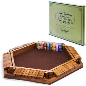 Vamslove Shut The Box Dice Game Wooden Board (L15 x W13) for 1 2 3 4 5 6 Player, 6 Sided 10 Numbers Math Games with 16 Dices for Kids Adults(Instructions Included)