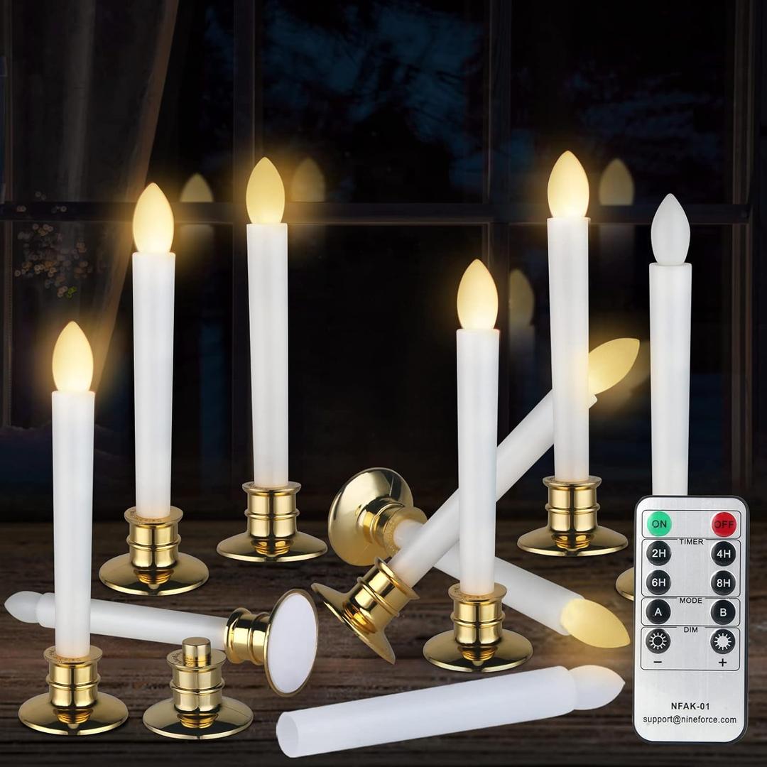 10 Pack Flameless LED Taper Candles with Remote & Timer  Battery Operated Flickering Window Candlesticks with Gold Holders  Safe Realistic Light for Christmas Home Wedding Decor Golden Holder