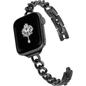 Slim Black Band Women Feminine Elegant Compatible with Apple Watch 42mm 44mm 45mm 46mm 49mm Adjustable Metal Strap Dressy Chain Bracelet for iWatch Series 10/9/8/7/6/5/4/3/2/1/SE/Ultra 1 2