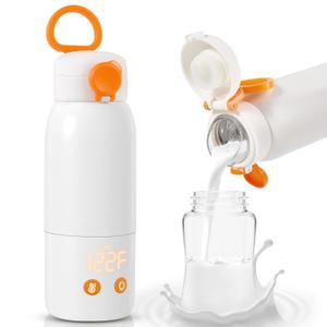 Portable Bottle Warmer for Travel, 12oz Large Capacity Fast Heating Breast Milk, Water & Formula On The Go Baby Bottle Warmer Accurate Temp Control with 4 Levels Long Battery Life for Car & Airplane (Orange)
