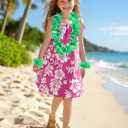 ZIW Girls Pinkish-Red Tropical Cosmos Flower Sundress Kids Hawaiian Costume with Luau Party Accessories Halloween Costumes (7-8 Years)