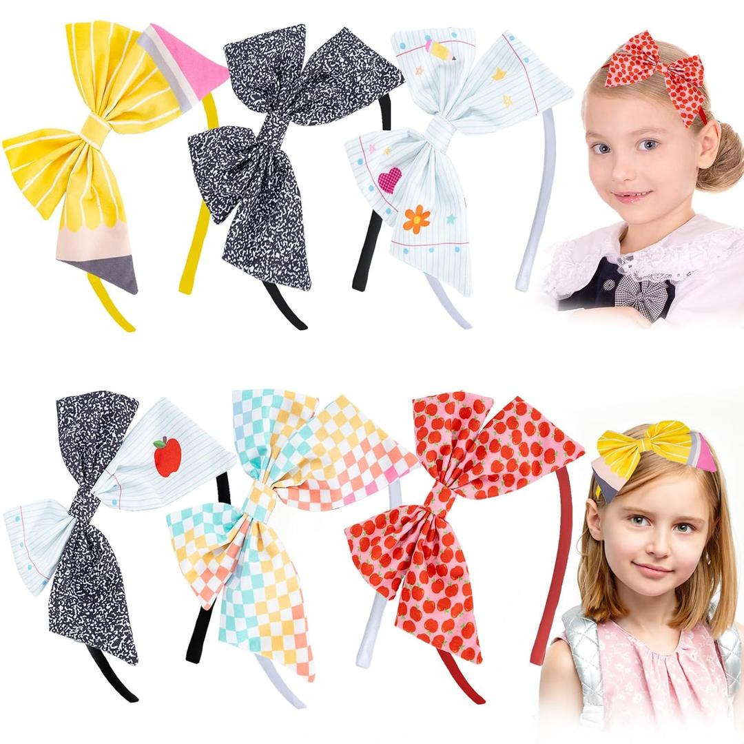 6 Pcs Back to School Headbands | Pencil, Apple and Composition Notebook Bow Designs,First Day of School Hair Accessories for Women, Students and Girls