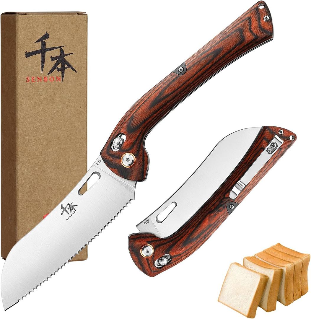 SENBON 440 Stainless Steel Super Sharp Pocket Folding Chef Knife Peeling Utility Knife Fruit Knife Handle Camping Barbecue Outdoor Back Clip Portable (Color wood bread knife)