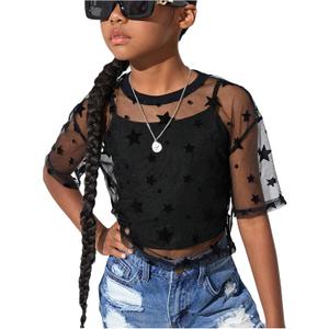 BEAUDRM Girl's 2 Piece Set Star Graphic Sheer Mesh Shirt Crew Neck Short Sleeve Crop Top with Camisole, Size 8Y