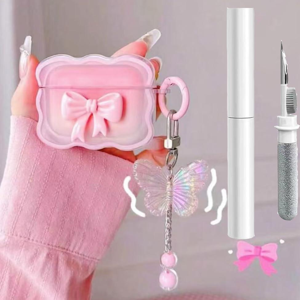 2 x Cute AirPods 4 Clear Case, Pink 3D Bow Design Soft TPU Airpod Protective Shockproof Kawaii Apple iPod 4th Generation Cover with Cleaner Kit & Keychain for Girls Women
