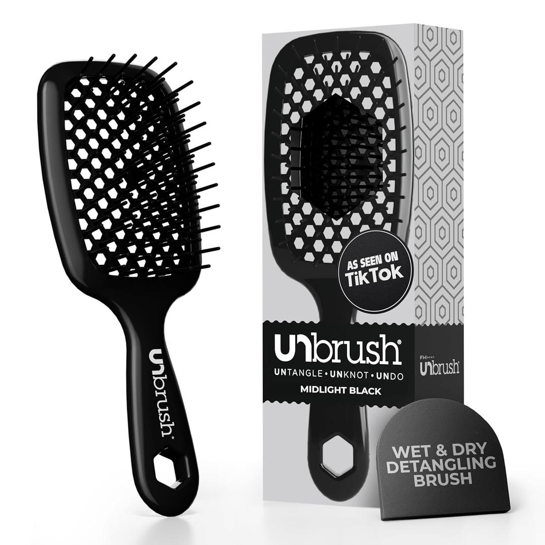 FHI Heat UNbrush Detangling Brush for PainFree Brushing on All Wet or Dry Hair Types — Durable DuoFlex AntiStatic Bristles, Lightweight Handle, Vented Hair Brush, Black