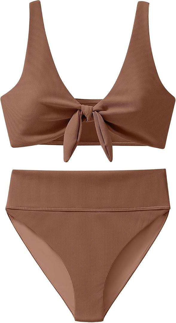 ANRABESS Bikini Sets for Women Summer High Waisted 2 Piece Bathing Suit Ribbed Tie Knot Swimsuit 2026 Beach Vacation Swimwear
