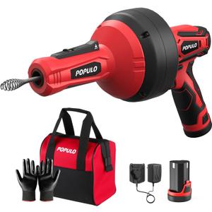 POPULO 12V Cordless Electric Drain Auger, Auto Feed Plumbing Snake Drain for Unclog Sink Drain 3/4"-2" Pipe, 16.8 FT Snake Hair Drain Clog Remover Cleaner Tools for Shower, Kitchen, Bathtub, Sink