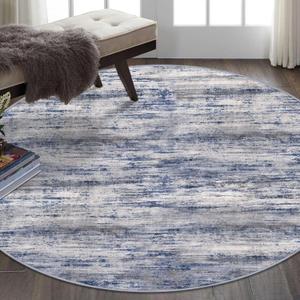 KOZYFLY Round Area Rugs 6Ft Modern Abstract Ombre Circle Rug for Bedroom, Washable Rug Non-Slip Soft Striped Living Room Area Rug, Print Grey-Blue Carpet for Laundry Nursery