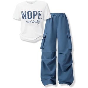 Voxikidio Girls Outfits Letter Print Short Sleeve Tops Cargo Pants Spring Fall Girls Sweatsuit Clothes (Blue Size 13-14)