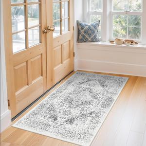 Washable 3x5 Entryway Rug - Non-Slip Vintage Area Rug for Entrance with Low-Pile Indoor Mat for keitchen with Stain Resistant Accent Distressed Carpet Thin Rug for Bedroom (Grey) (3' x 5')