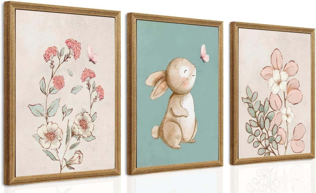 Watercolor Bunny Floral Wall Art Cute Animal Wall Decor for Nursery Kids Room, 3 Piece Art Prints with Wood Frames, 12x16 Inches Each, Wood Framed Easy to Hang, 16L" x 12W"
