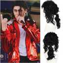 Mens Black Mullet Wig Long Curly Black Wig 70s 80s Rocker Star Punk Hair Heat Resistant Synthetic Cosplay Costume Party