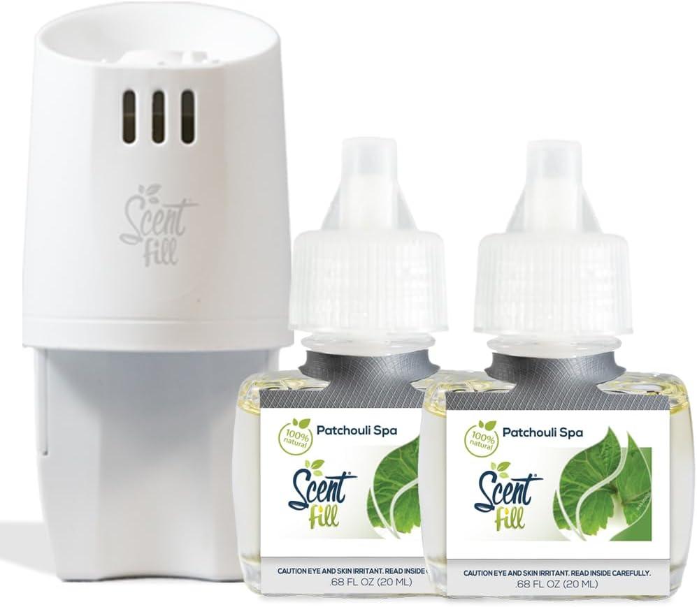 Scent Fill 100% Natural Patchouli Spa Plug in Air Freshener, Scented Oil Refills, 2 Refills + Diffuser