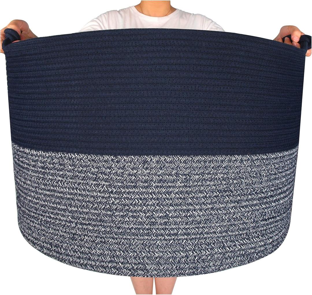 MINTWOOD Design Extra Large 22 x 16in Decorative Woven Cotton Rope Blanket Storage Basket Bin Living Room with Handles and Laundry Hamper for Pillows, Pool Towels, Dog Toys, Shoes, Navy Blue