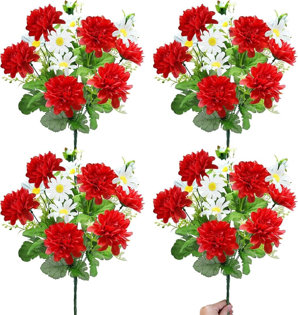 TURNMEON 48 Heads Artificial Flowers for Outdoors, 4 Bunches 17 Inch Dahlia Daisies Mum Fake Flowers UV Resistant Faux Plants Bouquets for Outside Grave Gardens Indoor Home Summer Decor (Red)