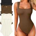 OQQ Women's 3 Piece Bodysuits Sexy Ribbed Strappy Square Neck Sleeveless Tummy Control Tank Tops Bodysuits (Large, Black, Coffee, Beige)