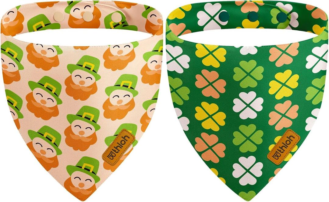 St. Patrick's Day Dog Bandanas with Snap Button, 2 Pack Reversible Green Bandanas for Small, Medium, and Large Dogs, Adjustable Pet St. Patrick's Costume Accessory for Photo Shoot (Large)