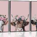 3pcs Cow Canvas Wall Art Pastoral wind cattle in Wreath Poster Print pink Funny Farmhouse Picture Painting Wall Decor for Living Room Bathroom Unframed
