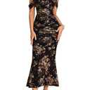 KUTUMAI Off The Shoulder Maxi Long Dress Corset Ruched Bodycon Formal Wedding Guest Dresses for Women BlackFloral M
