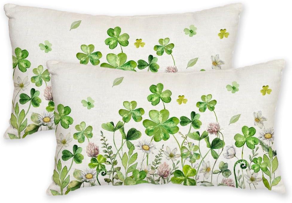 AACORS St. Patrick's Day Pillow Covers 12X20 Inch Set of 2,Shamrock Floral Decorations Holiday Spring Decorative Pillow Case Decor for Sofa Couch (Green)
