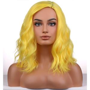 BERON Yellow Wigs for Womens Short Curly Wavy Wig Girls Yellow Colored Side Part Wigs Shoulder Length Heat Resistant Synthetic Cosplay Party or Daily Use Wig