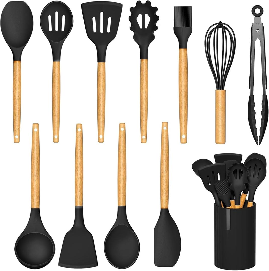 Silicone Cooking Utensils Set For Kitchen, Spoons Spatula Spatulas Accessories, Baking Heat Resistant Cookware De Home, Rubber New Apartment Decor, Plastic Nonstick Turner Tool (black)