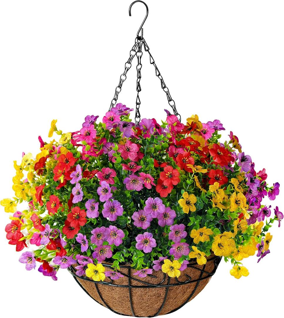 Artificial Faux Fake Hanging Flowers Plants Basket for Summer Outdoor Outside Decoration UV Resistant Fake Silk Colorful Daisy Eucalyptus for Porch Patio Balcony Yard Garden Home Decor