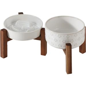 Ceramic 0.9 Cup Raised Slow Feeder Dog Bowl Set, Elevated 6.1inch Water Bowl and 6.1inch Slow Dish with Acacia Wood Stand for Small Dogs (2 x Reactived Glaze -White+ Stand)