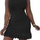 STOLKISS Women Summer Tank Dresses Sleeveless Crew Neck Basic Bodycon Mini Dress Casual Ribbed Knit with Ruffle Hem Sexy 2026 (Black, L)