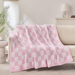 Checkered Throw Blanket, Pink Soft Cozy Fluffy Knitted Throw Blankets for Couch, Sofa, Bed, Chair, Warm Fuzzy Travel Picnic Lightweight Plaid Blanket, 50x70 inches