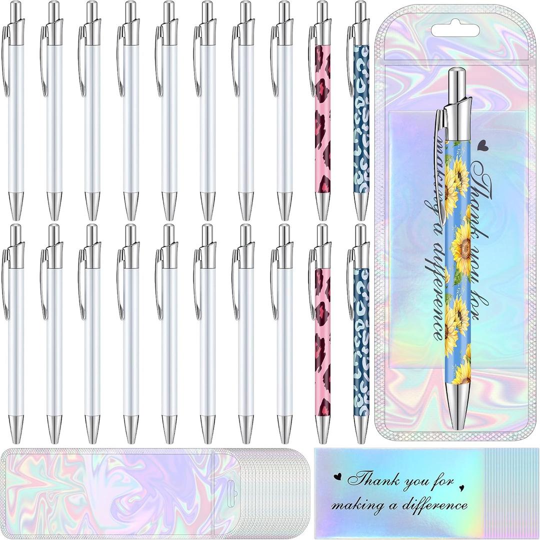 Yexiya 60 Pcs Sublimation Pen Blank Kit Heat Transfer Ballpoint Pen with Shrink Wrap Pouch Bag Holographic Thank You Card Personalized Gift for Christmas DIY Favor Office School Stationery Supply