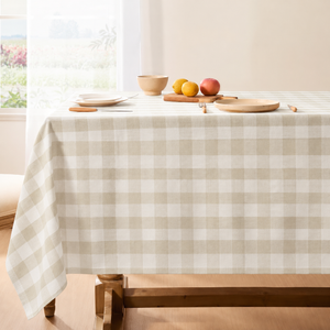 Softalker Checkered Tablecloth Rectangle, Outdoor Linen Cotton Gingham Table Cloth with Tassel, Heavy Duty Wrinkle Free Buffalo Plaid Table Cover for Kitchen Dining Summer Party - 60 x 75 Inch, Beige