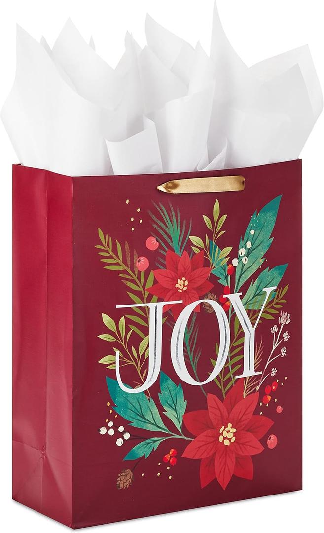Hallmark 15" Extra Large Christmas Gift Bag with Tissue Paper (Dark Red with Poinsettia Flowers, "JOY") for Mom, Sister, Grandmother, Wife, Teacher, Boss
