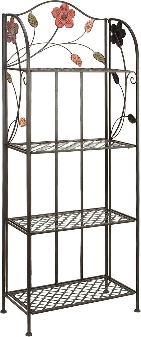 Deco 79 Metal Floral Indoor Outdoor Tall Folding 4 Shelf Bakers Rack, 25" x 12" x 68", Black