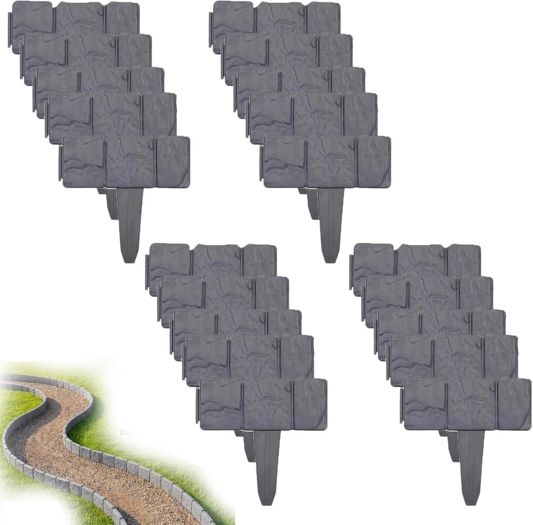 20 Pack Faux Stone Edging for Landscaping, Faux Stone Garden Borde, Plastic Retaining Edging Border, NO DIG, Interlocking Lawn Fencing for Landscaping Flower Beds Yard Decorative