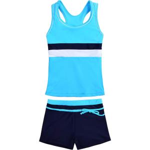 Uhnice Girls Swimsuit Two Piece Tankini Swimwear with Boyshort (14-15 Years, Blue)