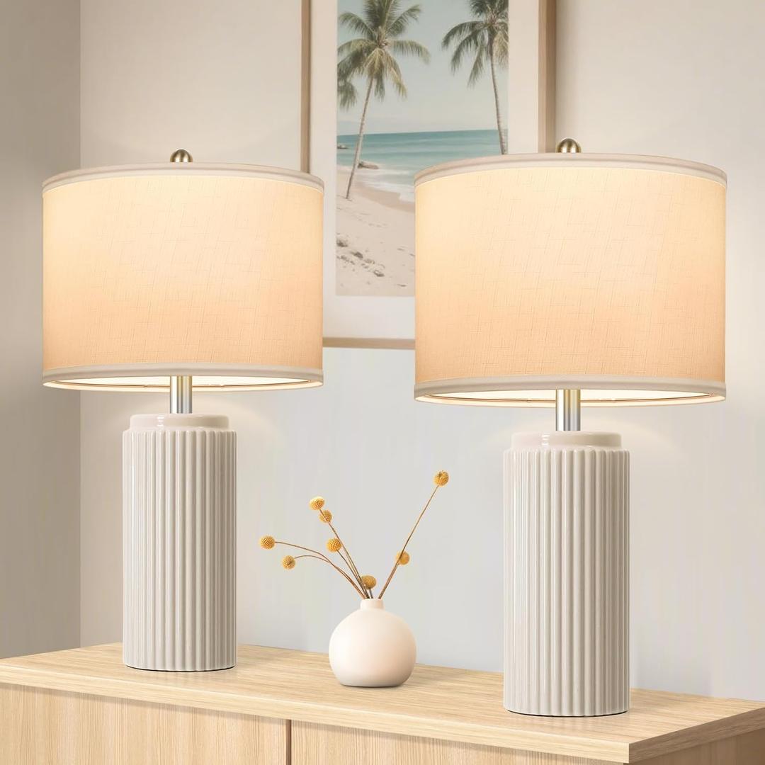 23.5 Beige Modern Ceramic Table Lamps Set of 2 for Living Room, Farmhouse Bedside Lamps with Upgraded White Linen Shade, Rustic Nightstand Lamps for Bedroom Home Office, Vintage End Table Dorm