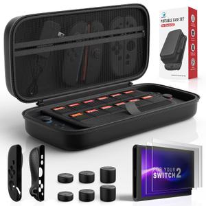 Travel Carrying Case for Nintendo Switch 2, Switch 2 Accessories with Console Protection Bundle, 2x Tempered Glass Screen Protectors, 2x Joy-Con Controller Cases, 6x Anti-Slip Thumb Grip Caps, All-in-One Travel Kit