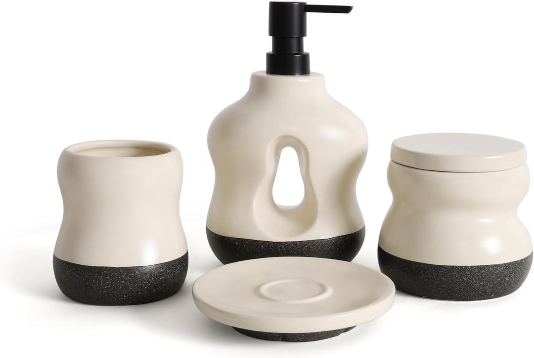BosilunLife Bathroom Accessories Set of 4 - Beige Bathroom Countet Soap Set Bathroom Decor Bathroom Lotion Soap Dispenser Sets Toothbrush Holder and Soap Dispenser, Soap Dish, Apothecary Jar