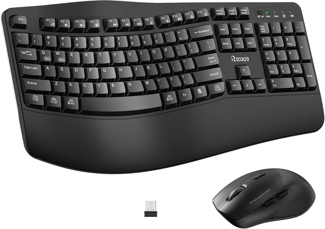 Wireless Keyboard and Mouse Combo, 2.4G Full Size Wave Keys Ergonomic Keyboard with Wrist Rest for Natural Typing, 3 DPI Adjustable Ergonomic Silent Mouse for Computer/ Laptop/ Windows/ Mac (Black)