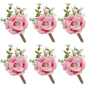 Pink Rose Boutonniere for Men Wedding Set of 6 Groom Groomsmen Best Man Artificial Flowers Boutonniere for Wedding Ceremony Anniversary Prom Flowers Formal Dinner Party (6, Gradient Pink, Middle)
