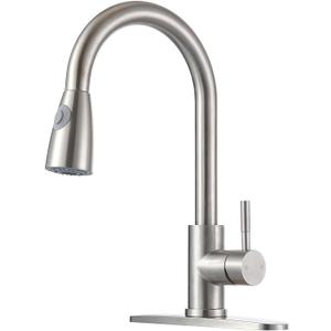 SHACO Kitchen Faucets, Kitchen Faucet with Pull Down Sprayer 2-Function Commercial Stainless Steel Kitchen Sink Faucet with Deck Plate 1 Hole or 3 Hole Pull Out Faucet for Bar Laundry RV