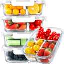 KOMUEE Glass Meal Prep Containers 3 Compartments, 5 Pack 36 oz, Glass Food Storage Containers with Lids, Airtight Lunch Bento Box, Portion Control, Freezer and Microwave Safe, White